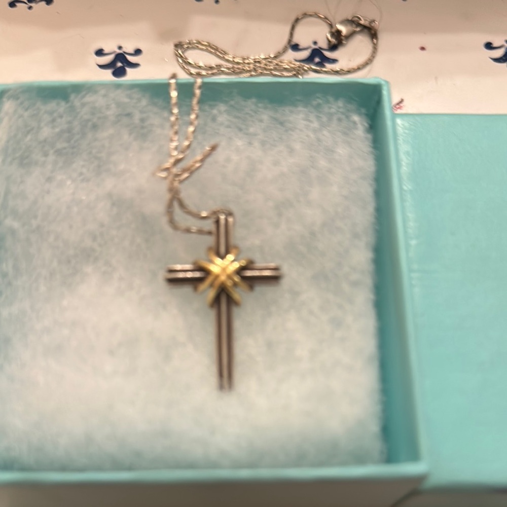 Tiffany Silver and Gold Cross Pendant Necklace
